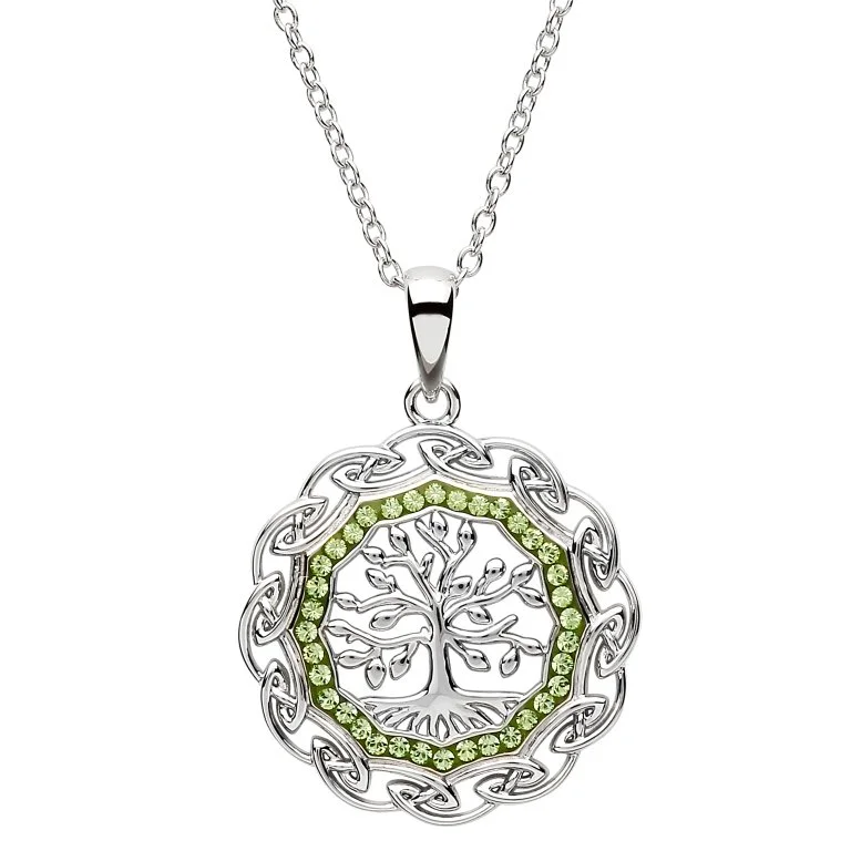 Silver Tree of Life Necklace with Green Peridot Crystals