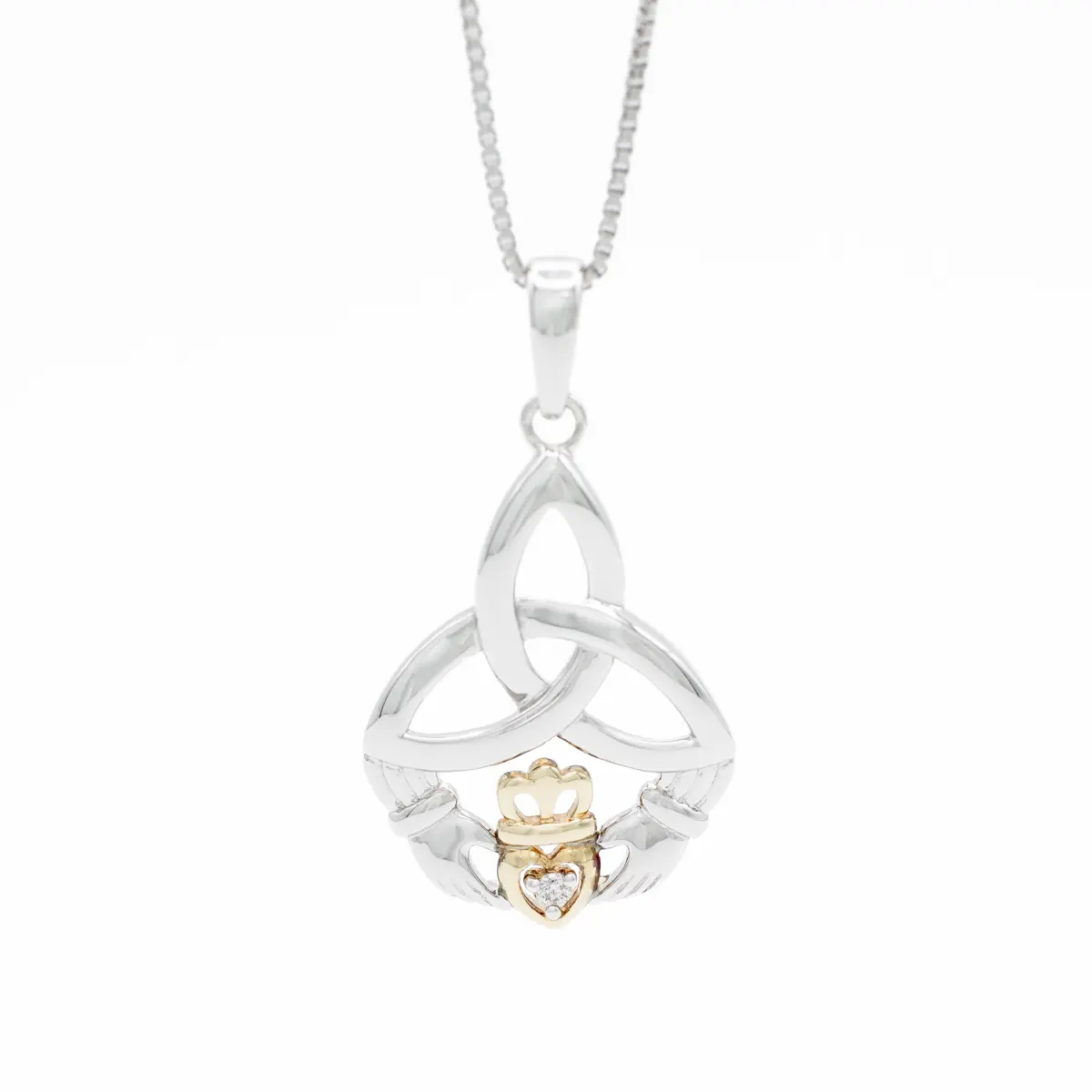 Gold & Silver Claddagh Trinity Knot Pendant Adorned With Diamond Photo 4 