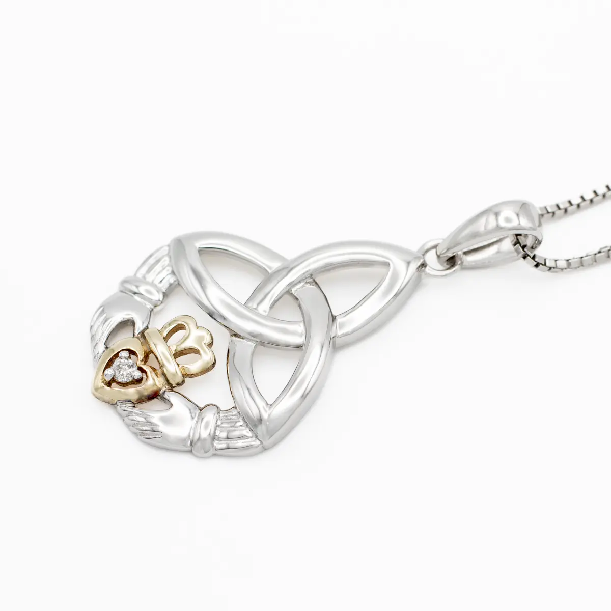 Gold & Silver Claddagh Trinity Knot Pendant Adorned With Diamond Photo 2 