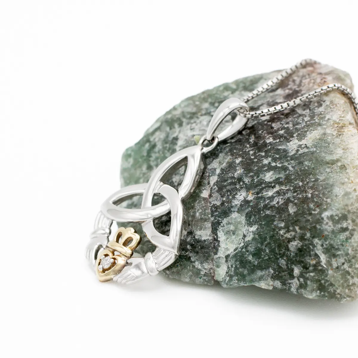 Gold & Silver Claddagh Trinity Knot Pendant Adorned With Diamond Photo 5 