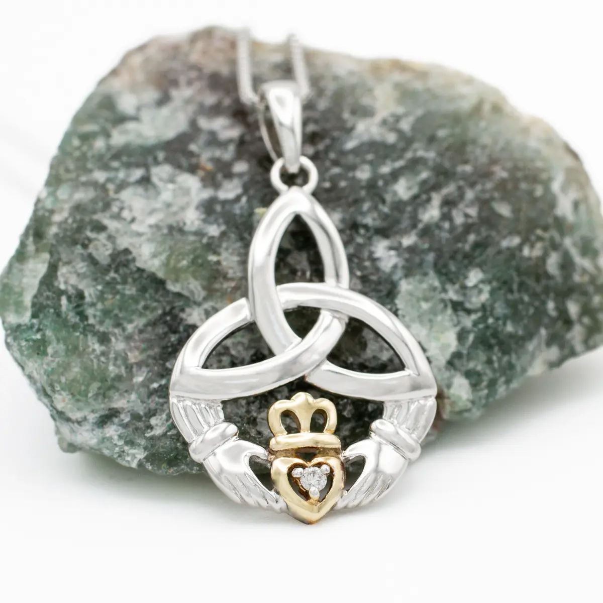 Gold & Silver Claddagh Trinity Knot Pendant Adorned With Diamond Photo 6 