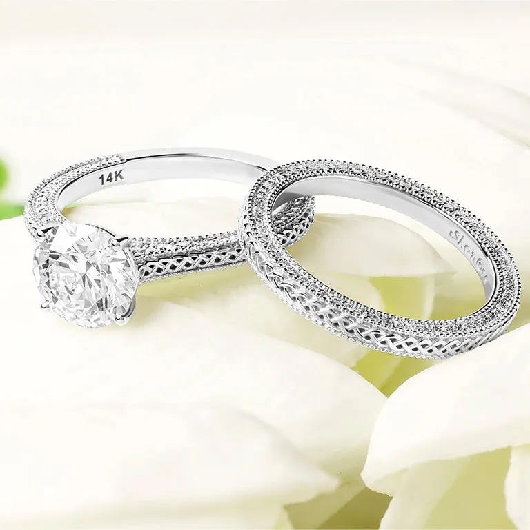 White Gold Diamond Celtic Engagement & Wedding Ring Set...
