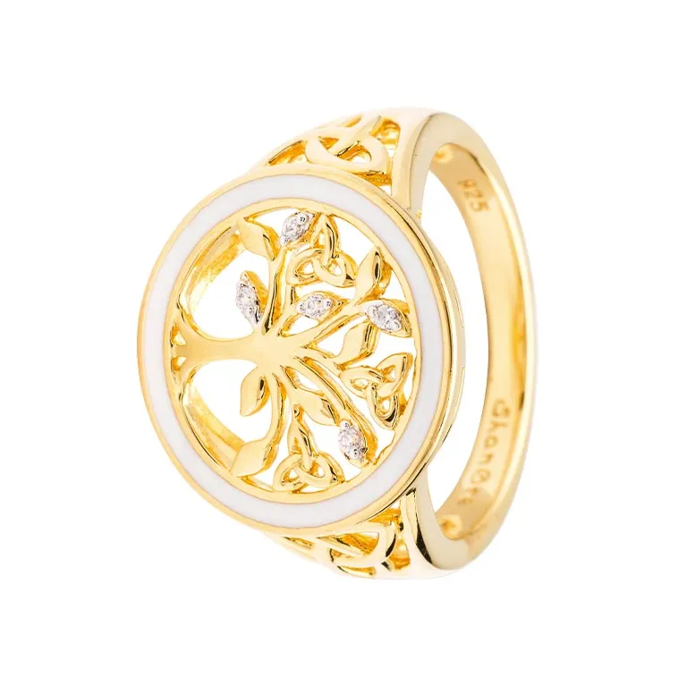 Gold Vermeil Tree of Life Ring with Cubic Zirconia Crystals & White Enamel